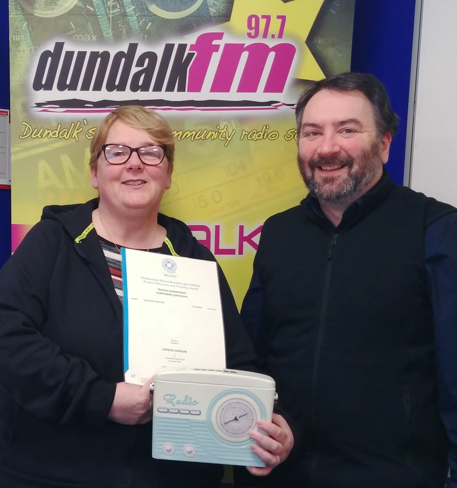 Patricia Carolan receiving Dundalk FM training certificate