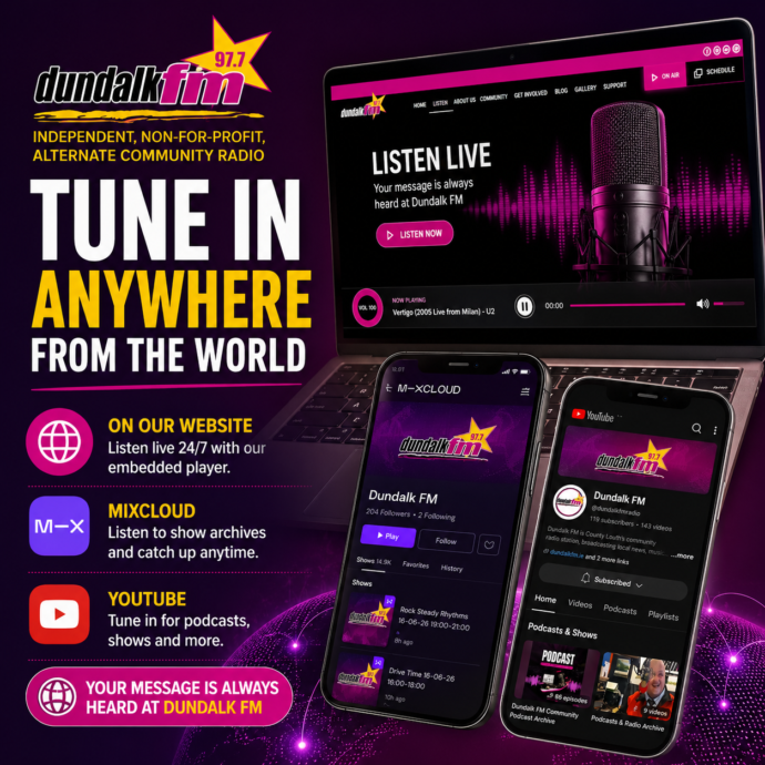 Tune in anywhere Dundalk FM Promo banner 1000x1000